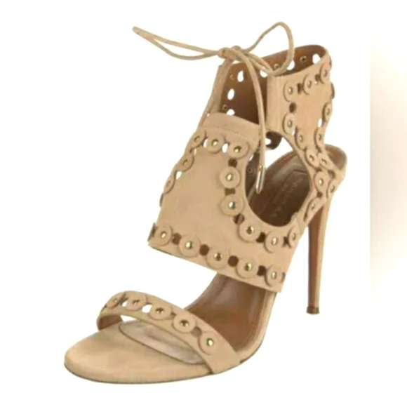 Authentic $384 Aquazzura open cut stud suede heels 7.5 - Picture 1 of 9